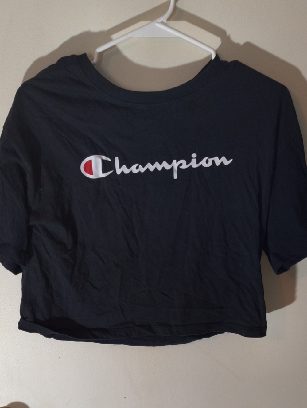 Champion Black Cropped Logo Tee with White & Red Accents